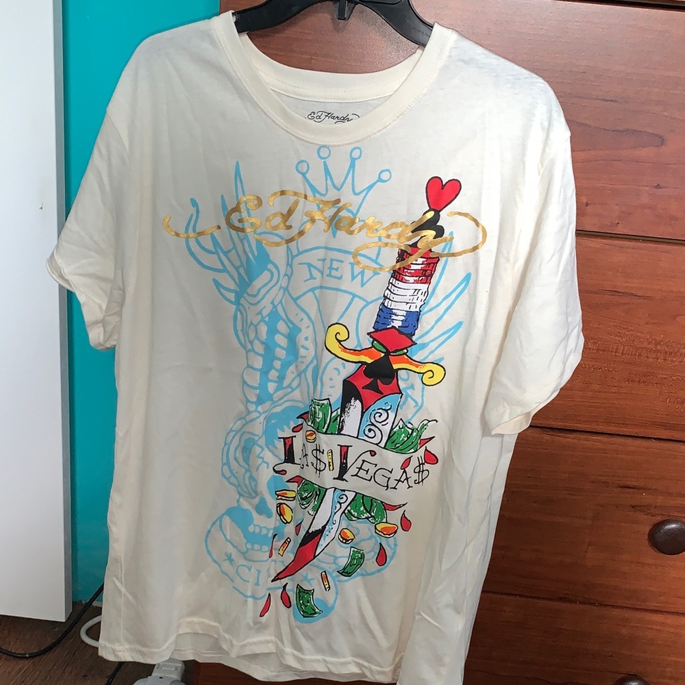 Ed Hardy Cream Graphic Tee with Red & Blue Dagger Design